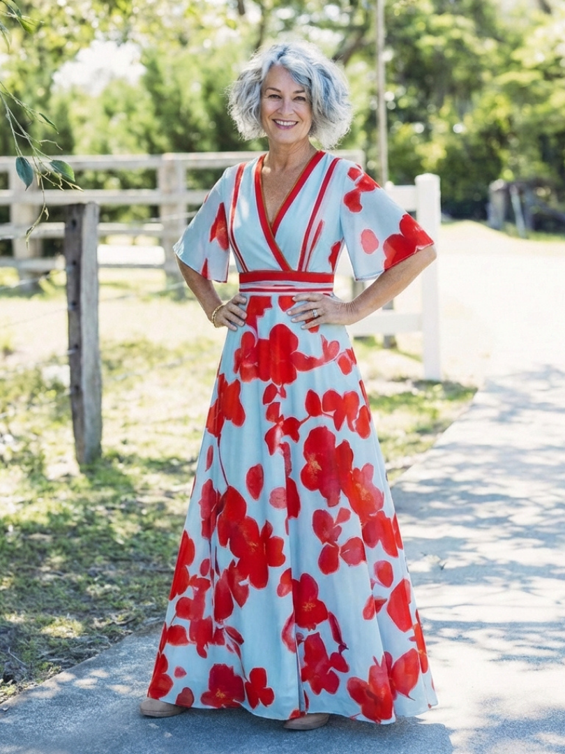 Cori Dames Maxi Jurk | Zachte Stof, Rode Bloemenprint 4