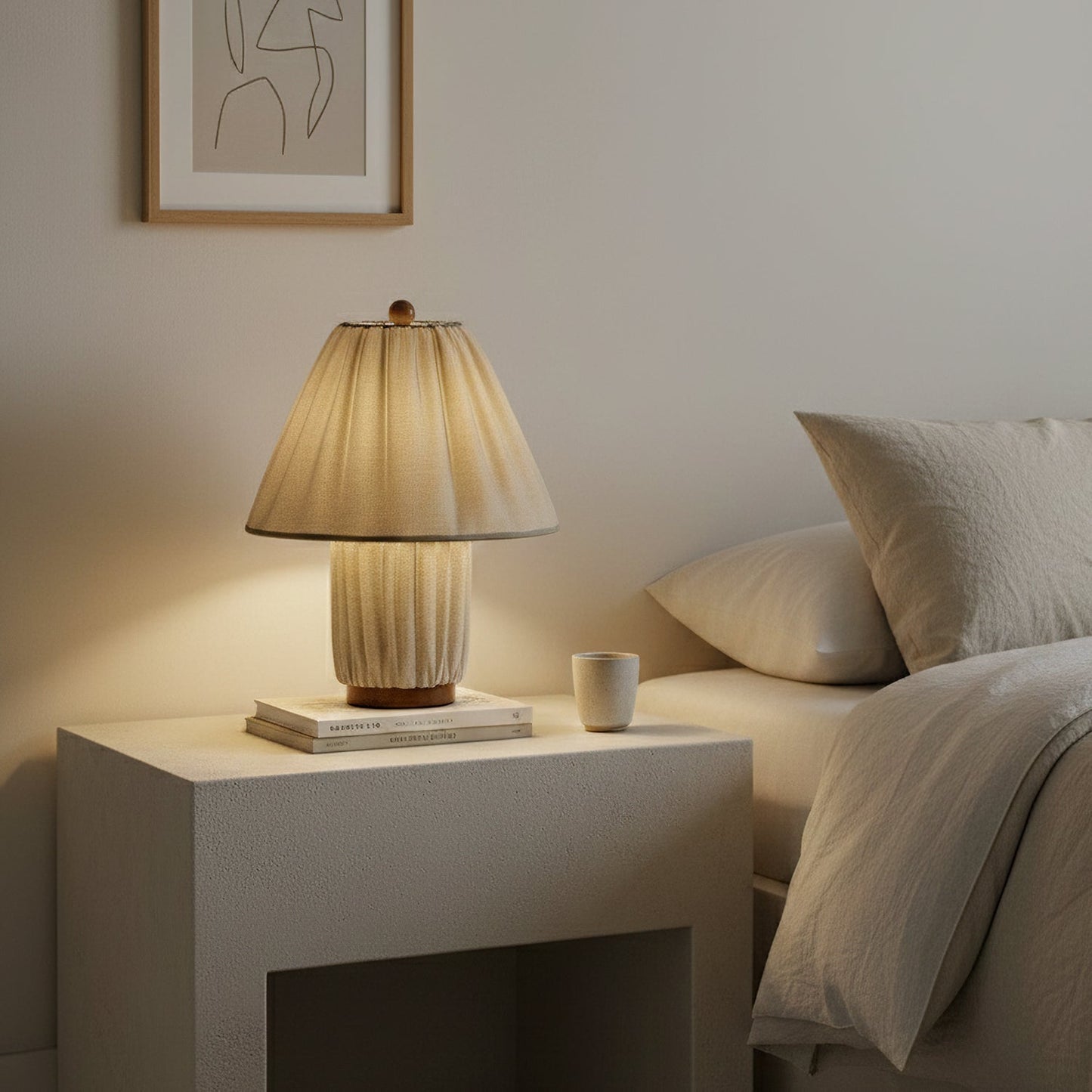 Retro Tafellamp met Geplooide Stoffen Kap – Warm Zacht Licht – Scandinavisch Minimalistisch Design voor Slaapkamer Woonkamer