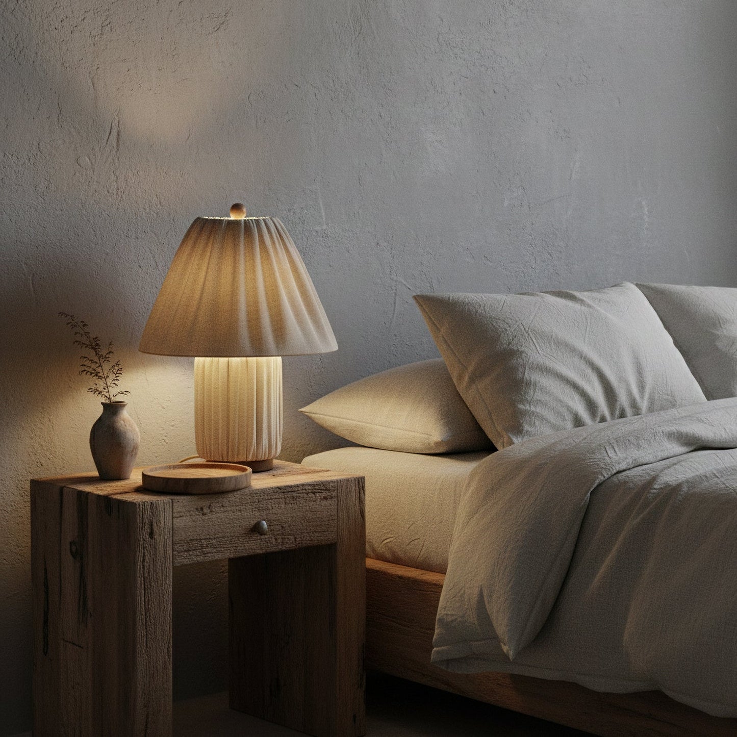 Retro Tafellamp met Geplooide Stoffen Kap – Warm Zacht Licht – Scandinavisch Minimalistisch Design voor Slaapkamer Woonkamer