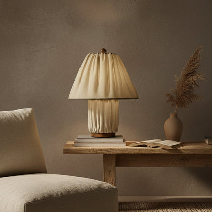 Retro Tafellamp met Geplooide Stoffen Kap – Warm Zacht Licht – Scandinavisch Minimalistisch Design voor Slaapkamer Woonkamer