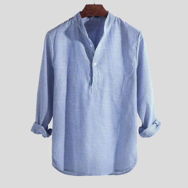 Herens Henley Shirt van Katoen en Linnen met Bandkraag