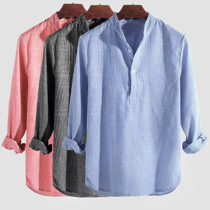 Herens Henley Shirt van Katoen en Linnen met Bandkraag