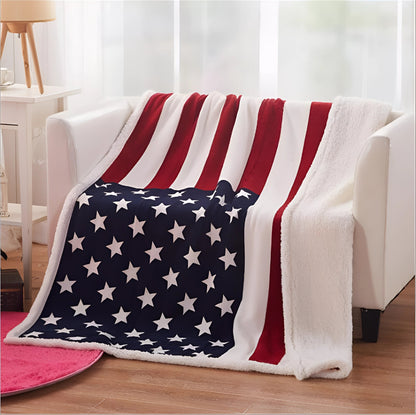 Fleece Plaid met Kunstschapenvacht Achterzijde 127x178cm Donkerblauw Rood Wit Gestreept Bankdeken Woonkamer