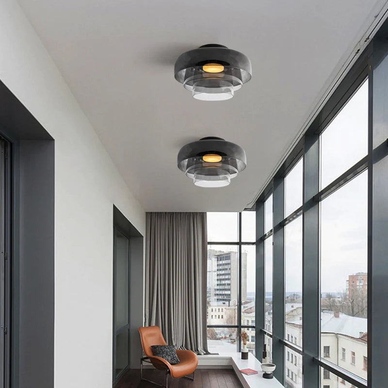Design Glazen Plafondlamp met Gelaagde Structuur — Elegant Lichtspel voor Eetkamer, Woonkamer en Slaapkamer