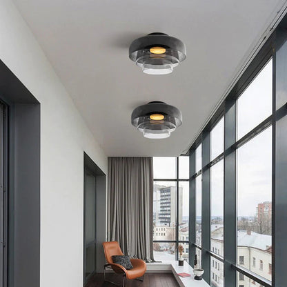 Design Glazen Plafondlamp met Gelaagde Structuur — Elegant Lichtspel voor Eetkamer, Woonkamer en Slaapkamer