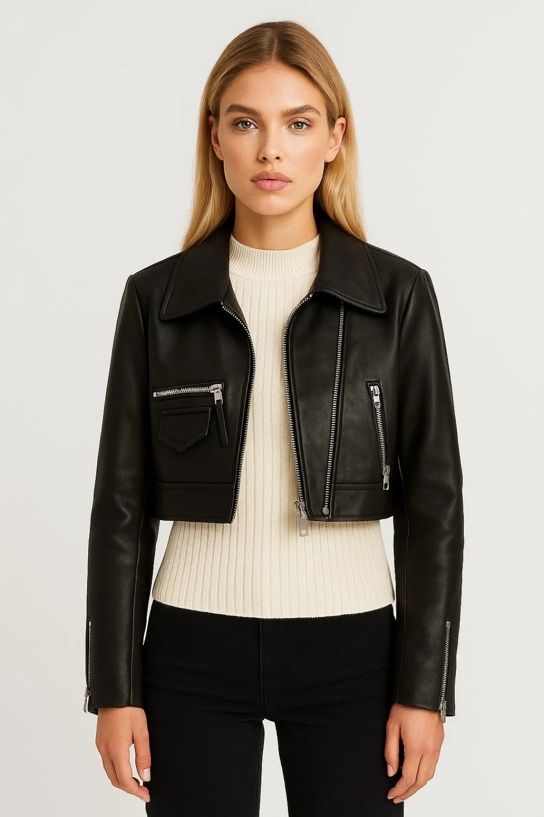Dames Biker Jas Kort Model met Rits Stoer