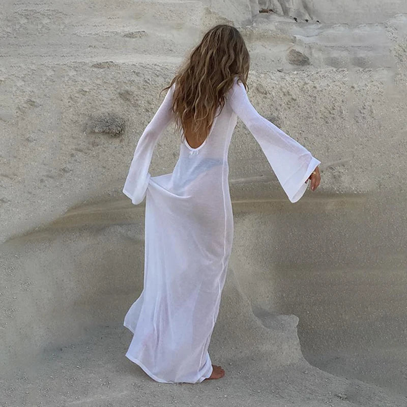 Witte Gebreide Jurk Lange Mouwen Strandjurk voor Vrouw