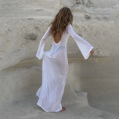Witte Gebreide Jurk Lange Mouwen Strandjurk voor Vrouw