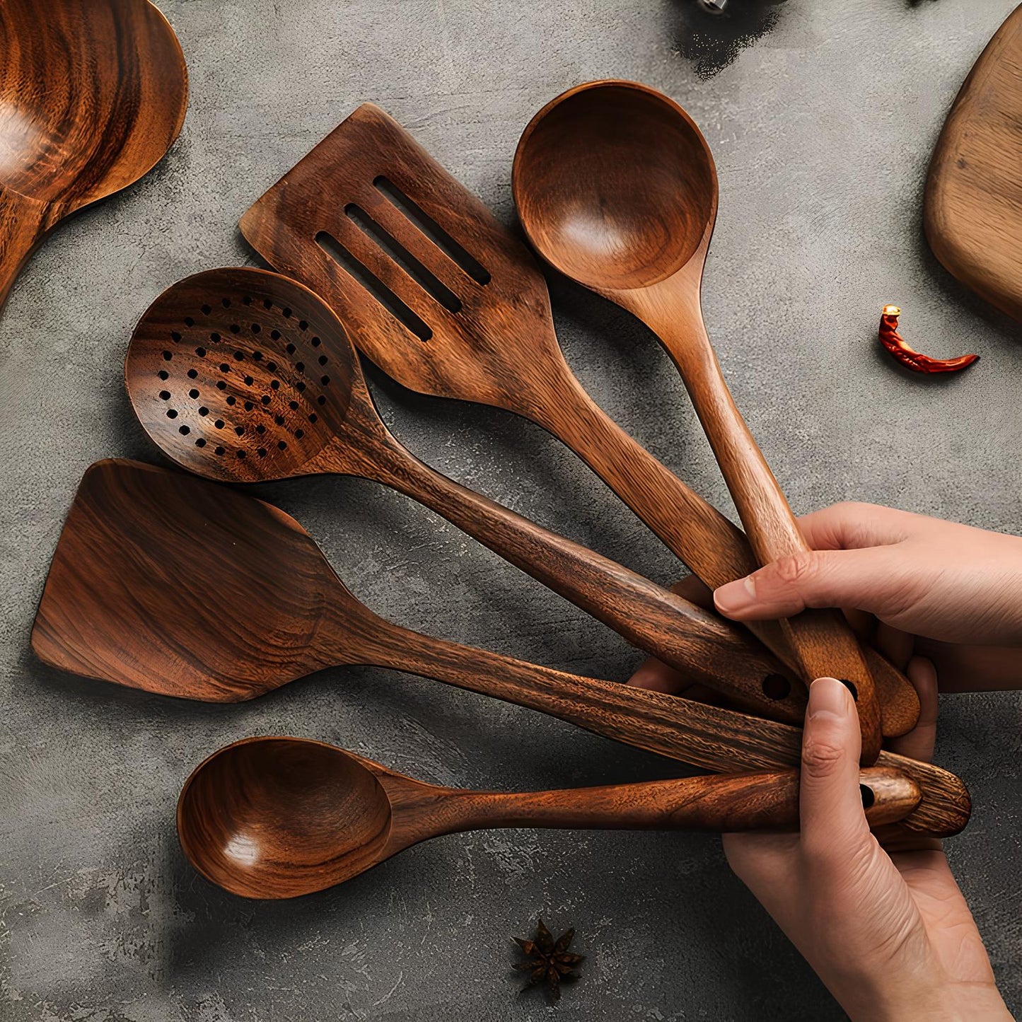 Houten Keukengerei Set 5-delig Teakhout met Spatel Soeplepel Spaghettischep Kooklepel Bakborstel Kookgerei