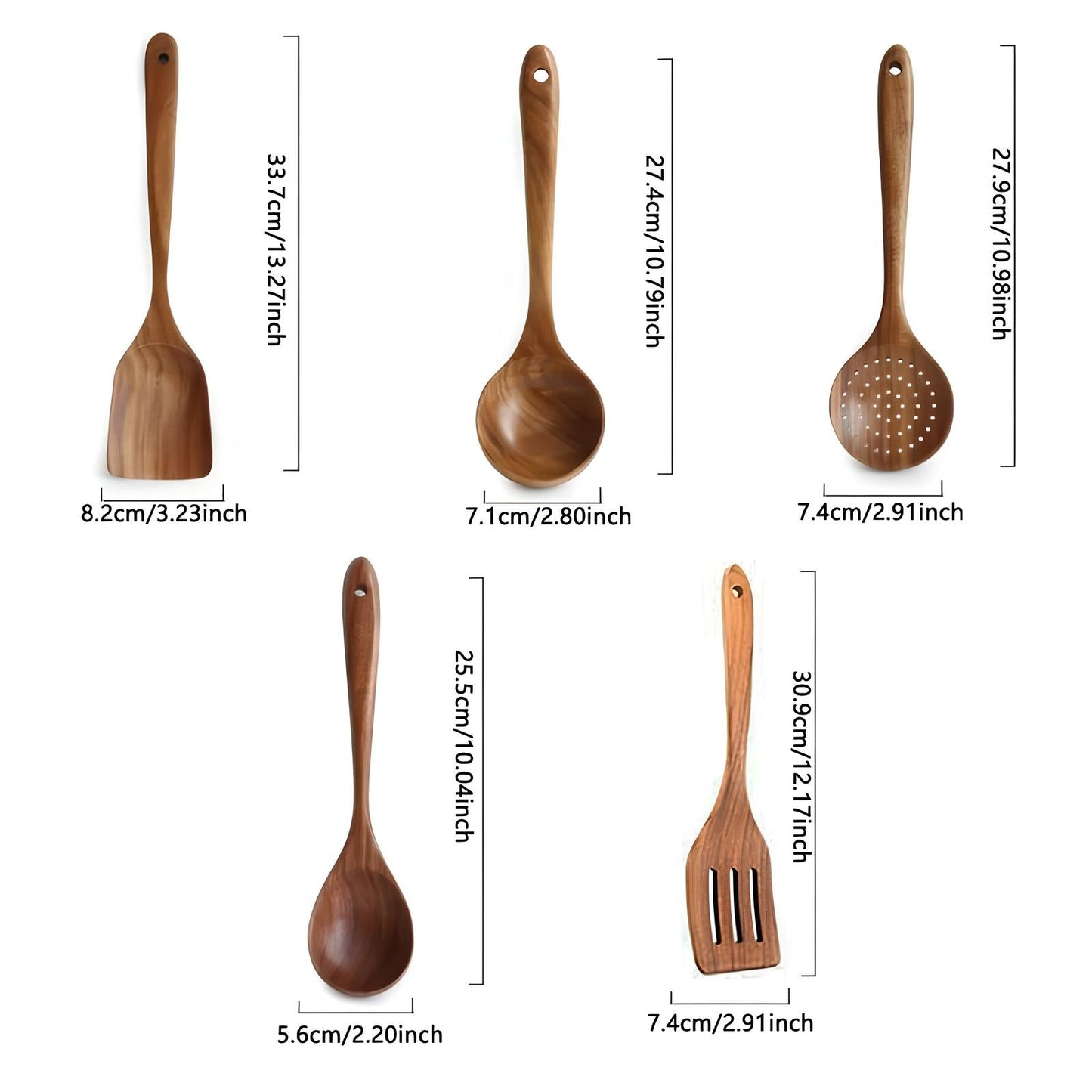 Houten Keukengerei Set 5-delig Teakhout met Spatel Soeplepel Spaghettischep Kooklepel Bakborstel Kookgerei