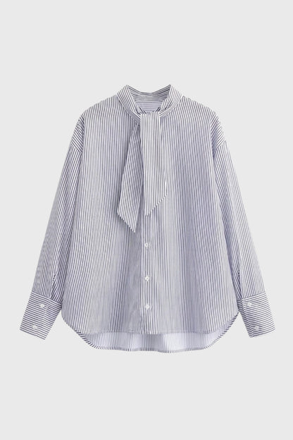 Dames Blouse Gestreept met Strikdetail en Staande Kraag - StudioMarella