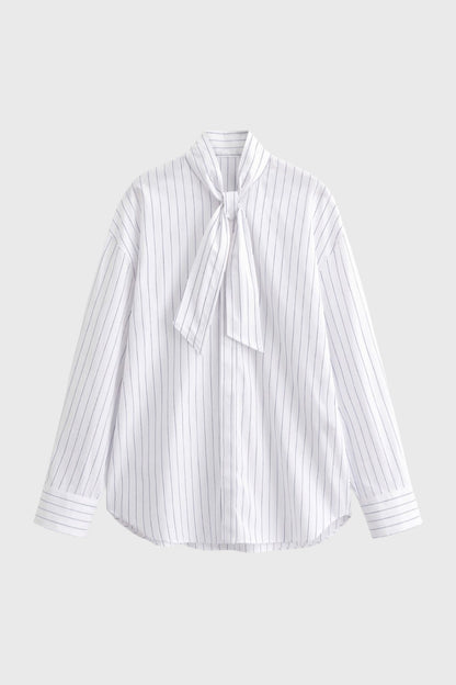 Dames Blouse Gestreept met Strikdetail en Staande Kraag