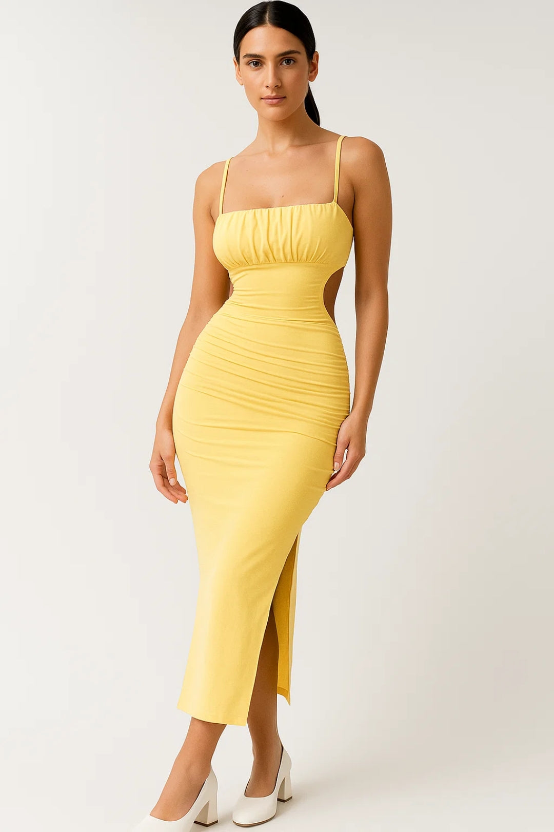 Midi Jurk Dames Jurk met Smalle Bandjes en Split - StudioMarella