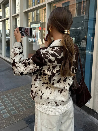 Dames Jas Koeprint Casual Met Borstzakken Lange Mouw