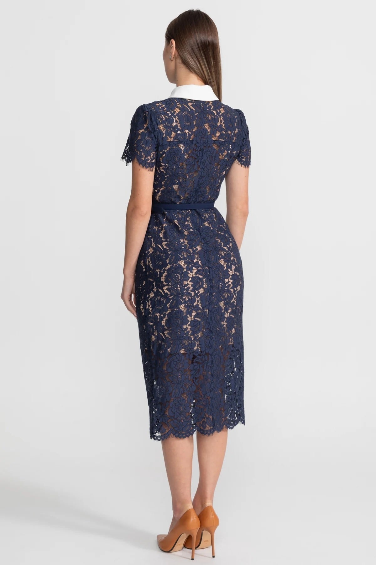 Bloemenkant Jurk Dames Marineblauw Met Kraag en Ceintuur