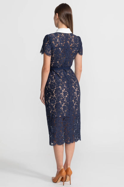 Bloemenkant Jurk Dames Marineblauw Met Kraag en Ceintuur