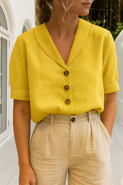 Dames Blouse Korte Mouwen met Sjaalkraag en Knoopsluiting