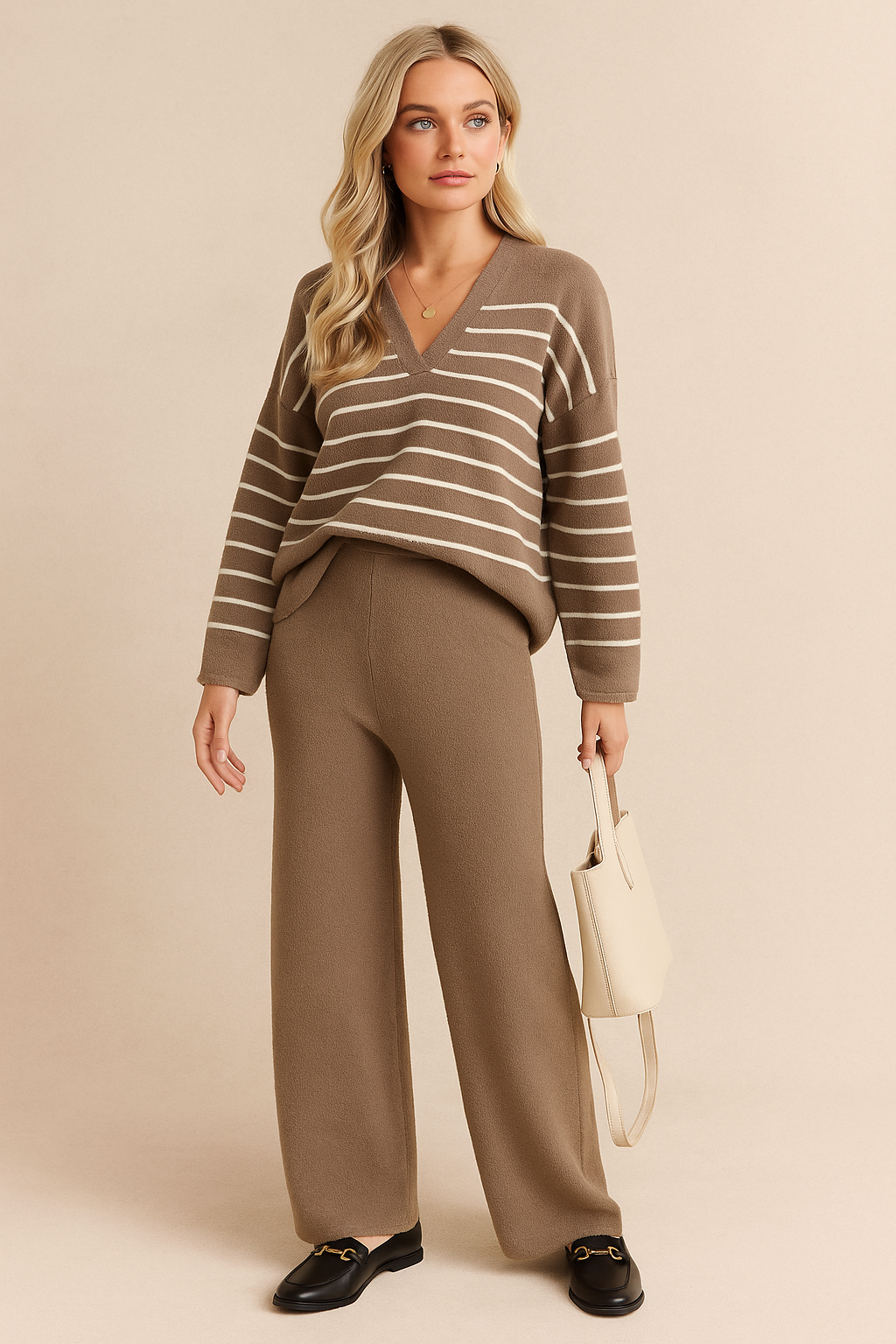 Dames Gebreide Set Streepjes Broek en Top Tweedelig