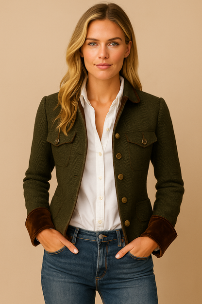 Dames Blazer Tweed Met Fluweel Bies en Klassiek Design