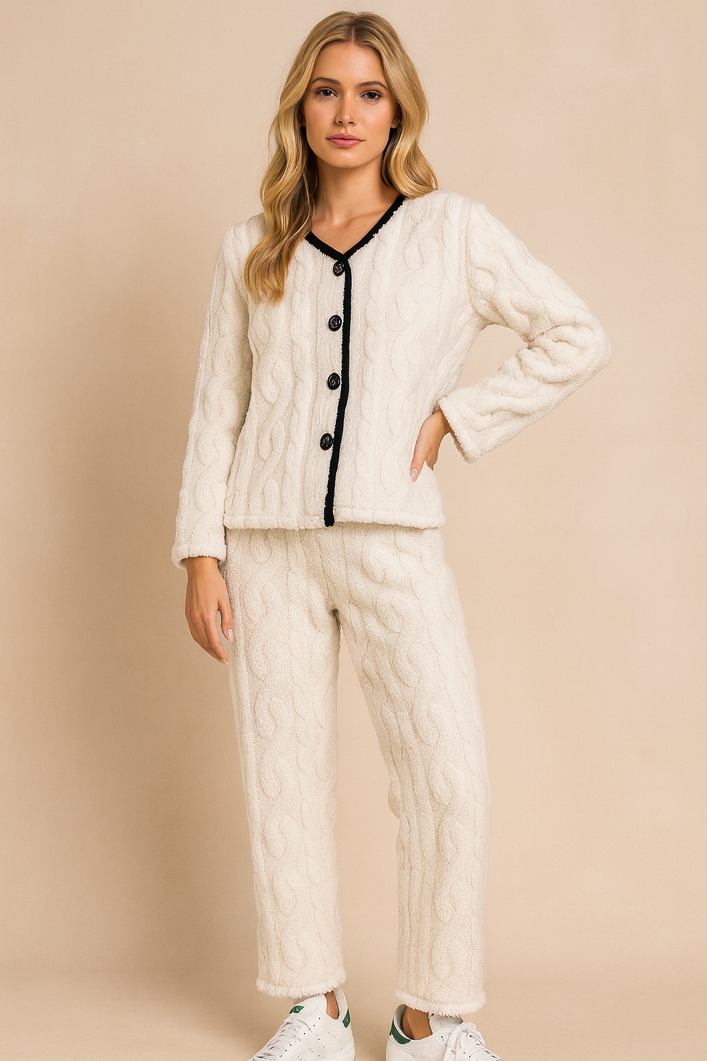 Dames Gebreide Pyjama Set Zacht Warme Huispak voor Vrouw