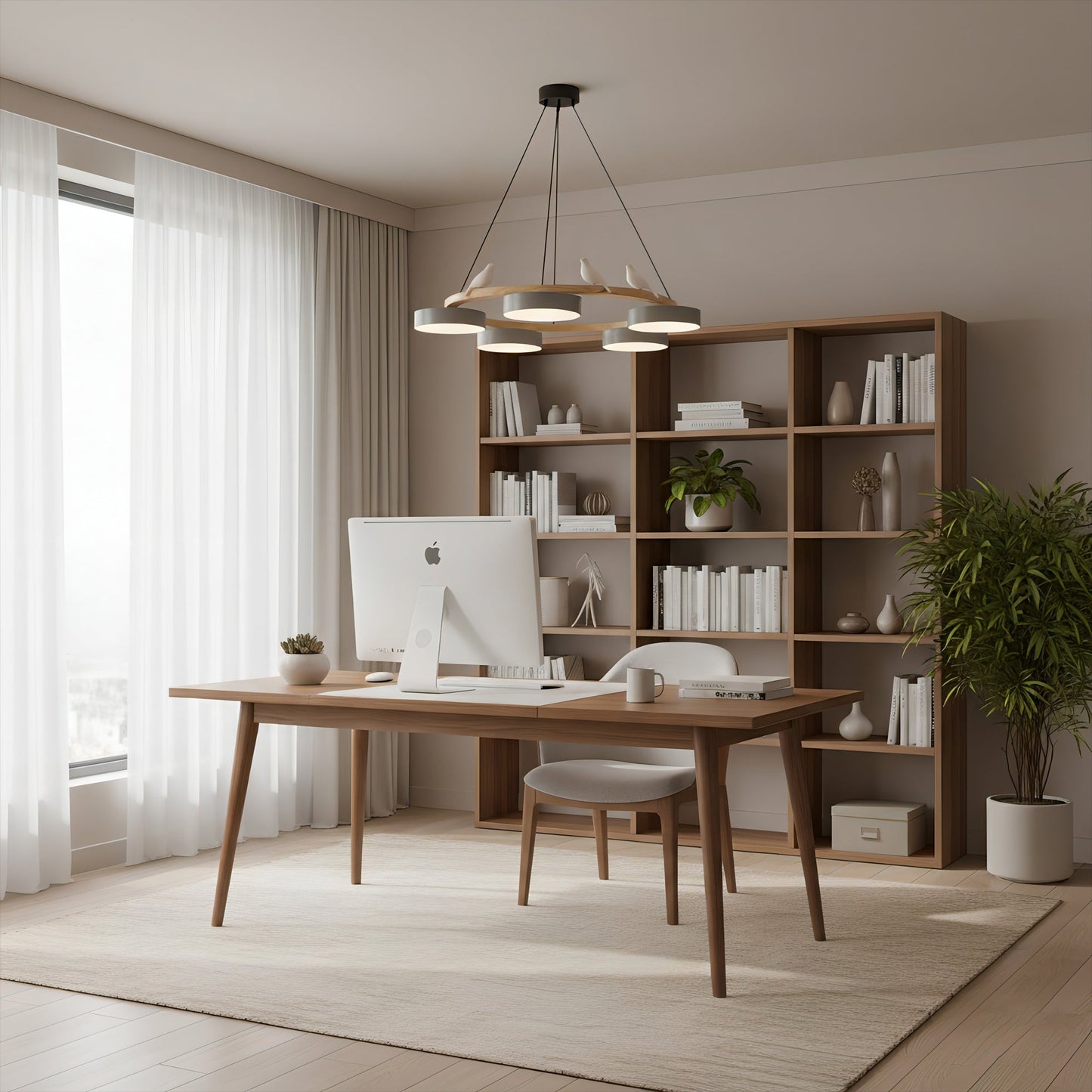 Ronde Hanglamp Met Vogels Houten Ring LED 65cm 72cm