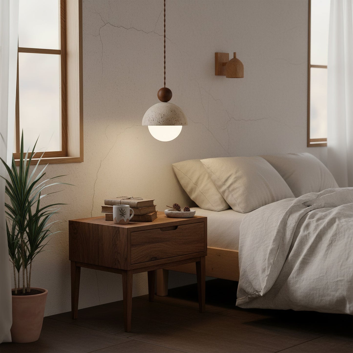 Design Hanglamp van Travertin en Glas – Moderne Verlichting met Warm Licht
