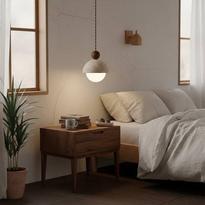 Design Hanglamp van Travertin en Glas – Moderne Verlichting met Warm Licht