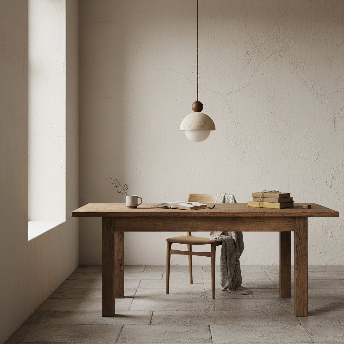 Design Hanglamp van Travertin en Glas – Moderne Verlichting met Warm Licht