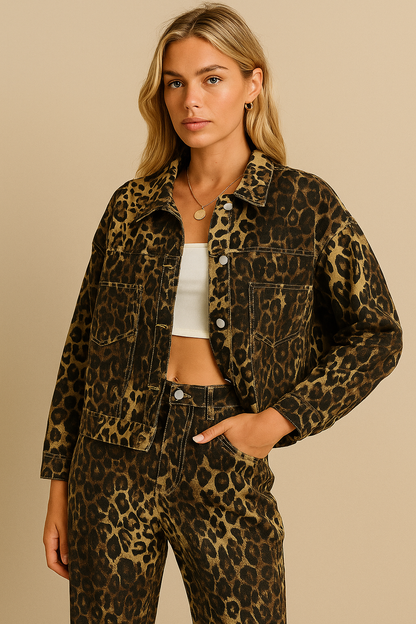 Dames Streetwear Set Leopard Broek en Jas Wijd Model