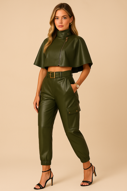 Dames Faux Leather Set Olijfgroen Crop Top en Hoge Broek