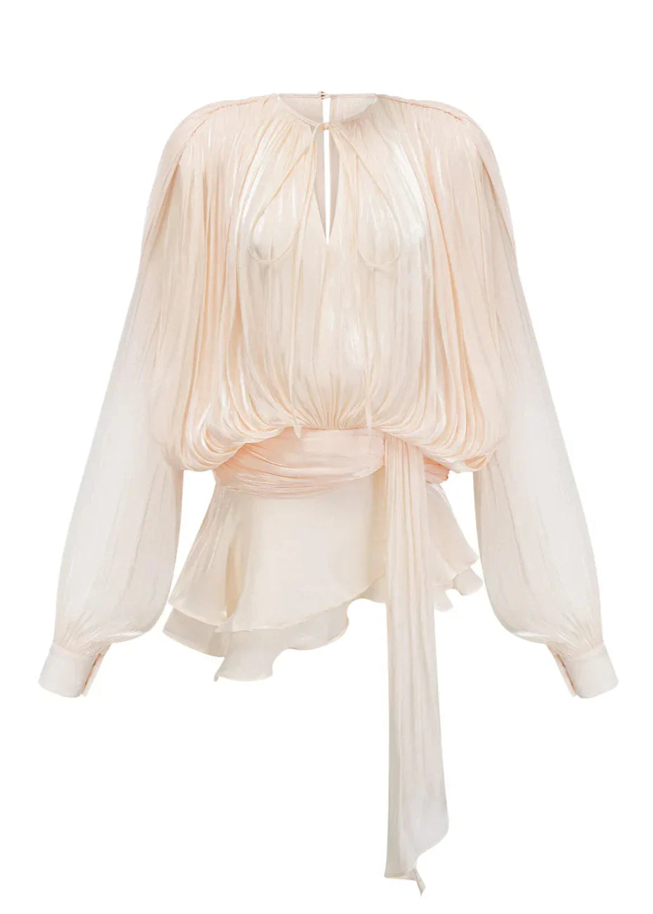 Kort Mini Jurk met Plooi en Parelknopen Champagne