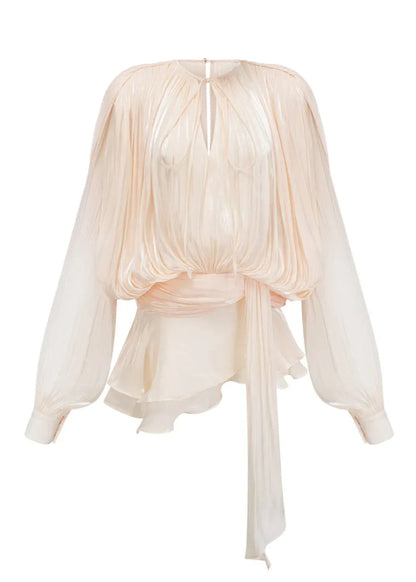 Kort Mini Jurk met Plooi en Parelknopen Champagne