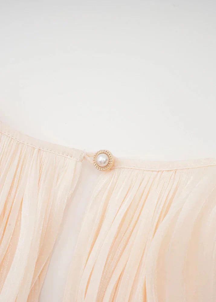 Kort Mini Jurk met Plooi en Parelknopen Champagne