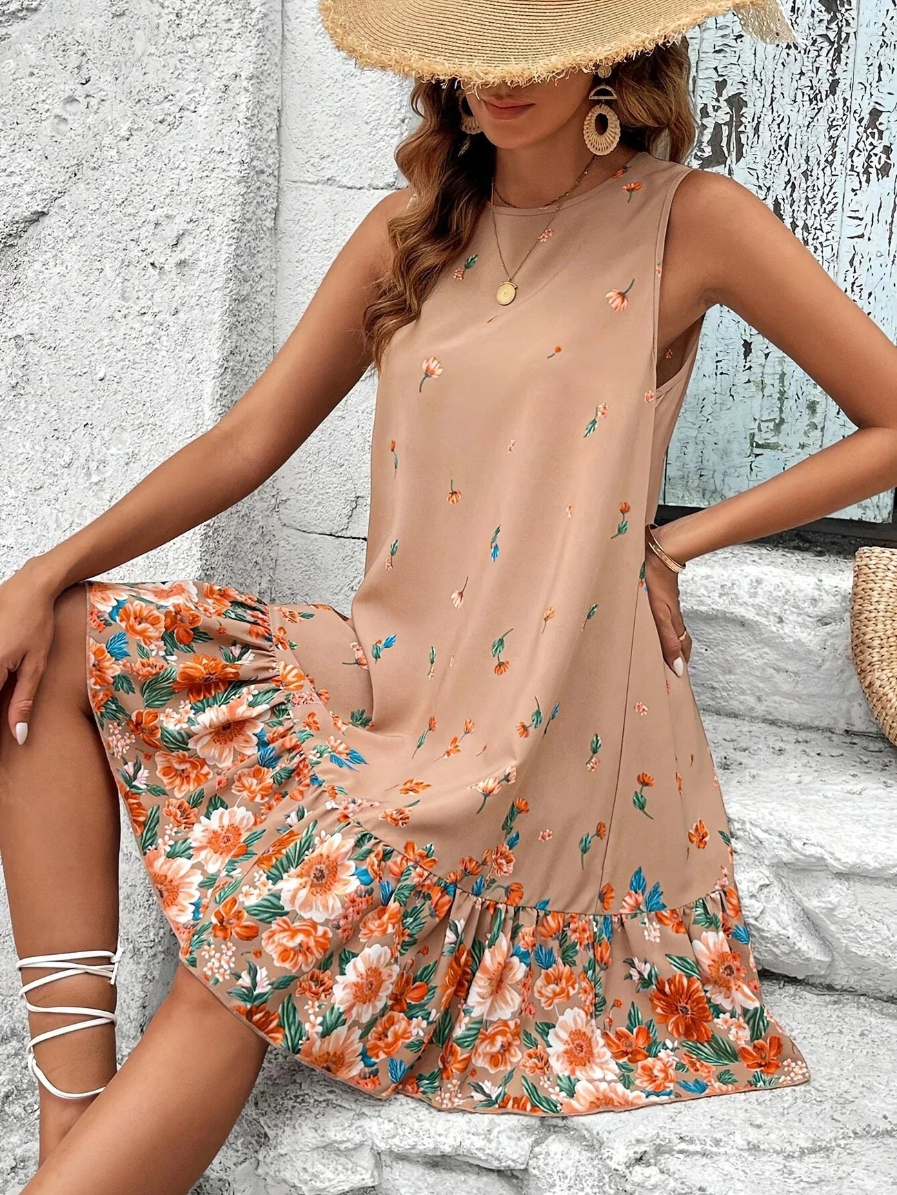 Dames Zomerjurk Bloemenprint Mini Jurk Mouwloos