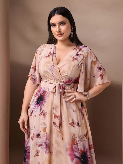 Dames Bloemetjes met Strik Riem Maxi Gala Jurk - Brielle