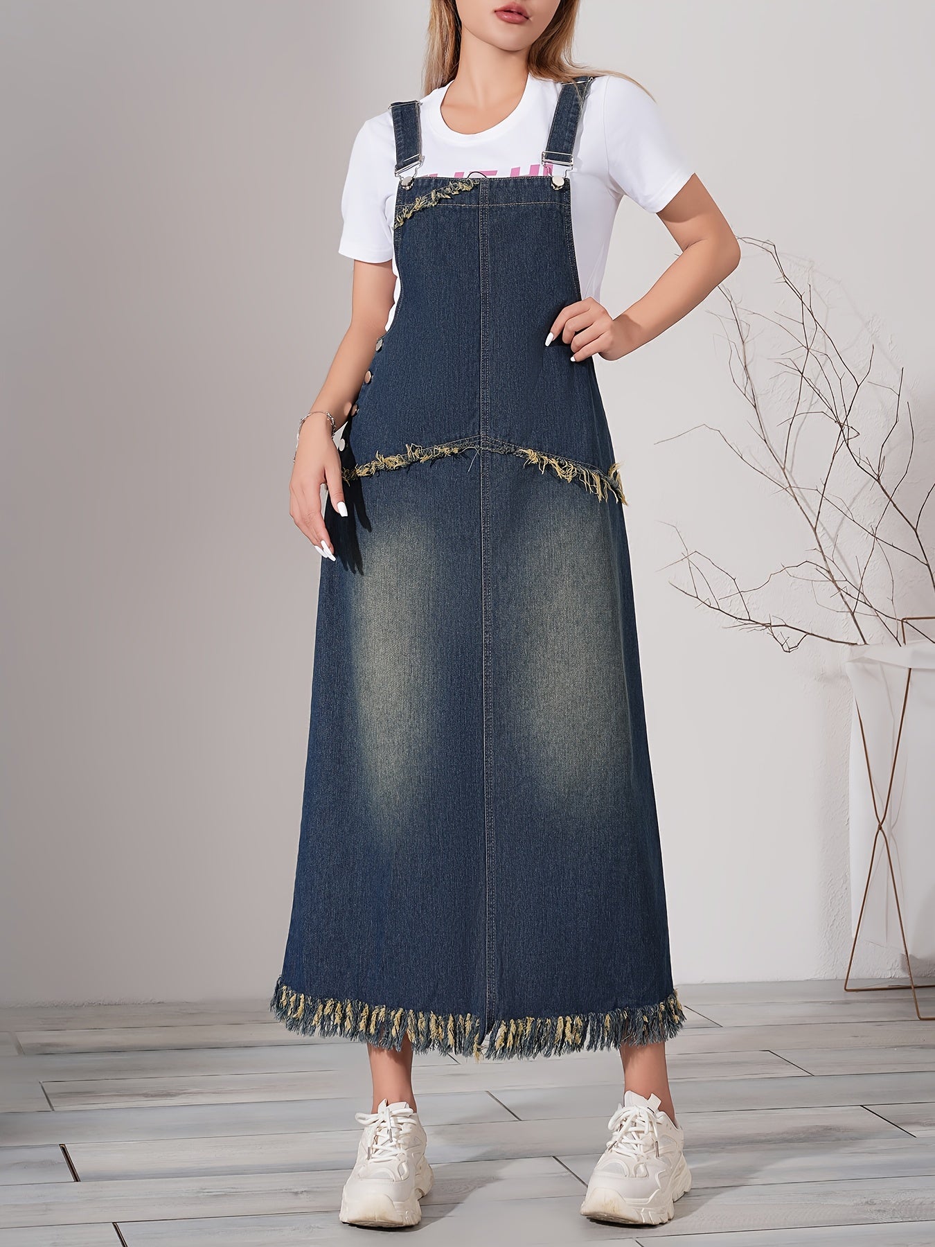 Dames Blauwe Maxi Jurk Denim met Verstelbare Strap - StudioMarella