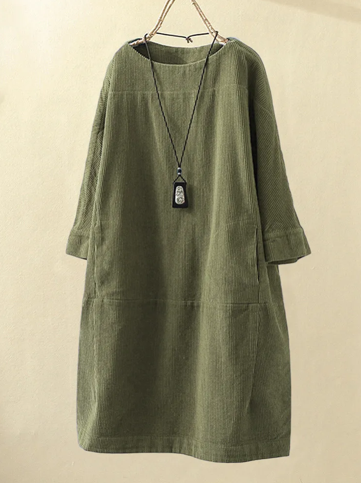 Dames Comfortabele Midi Zomerjurk met Korte Mouw Ribfluweel Design - Robijn