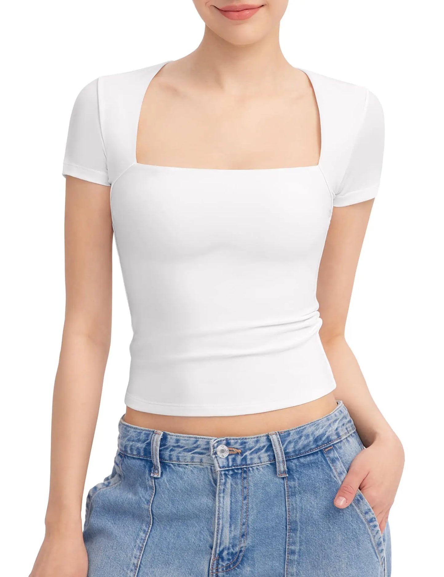 Vrouwelijke Slim-Fit T-Shirt Vierkant Hals Comfortabel