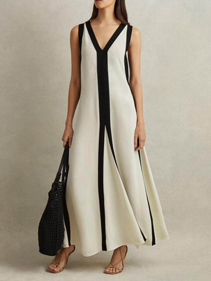 Dames Diepe V hals Zwart witte maxi jurk - Roselie