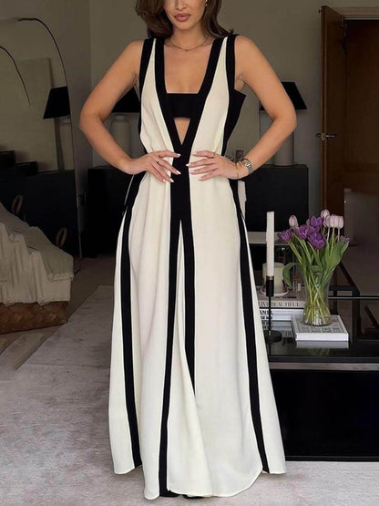 Dames Lange Maxi Jurk Zwart Wit V Hals Jurk - StudioMarella