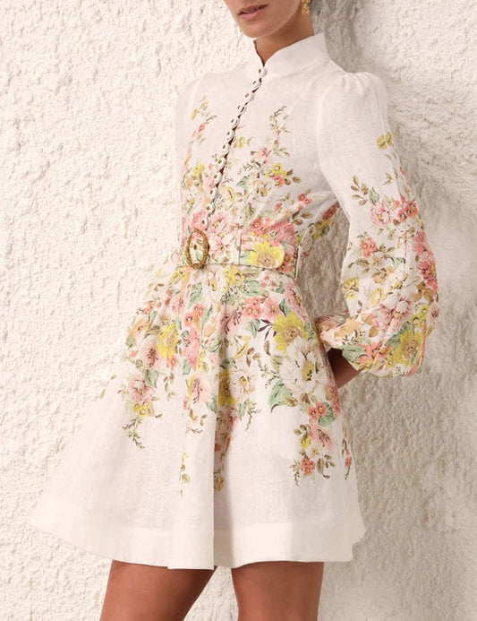 Dames Zomerjurk Korte Mini Jurk met Lange Mouwen Knoopsluiting - StudioMarella