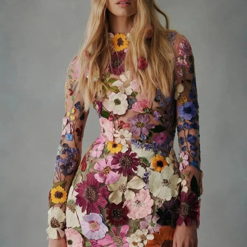 Dames Elegante Mini zomerjurk met hoog decolleté en bloemmotief - Flora