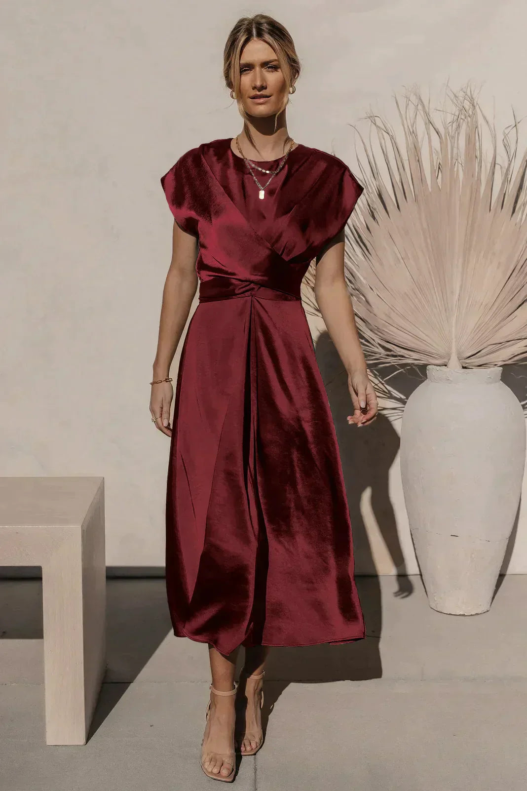 Dames Elegante Satijnen Zijden Midi Trouwjurk - Evangeline