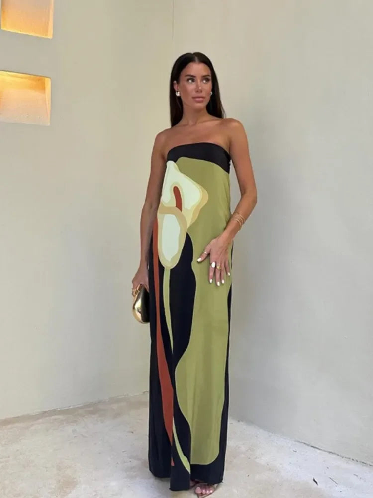 Maxi Jurk Zonder Mouwen Gedrukte Print Elegant Jurk