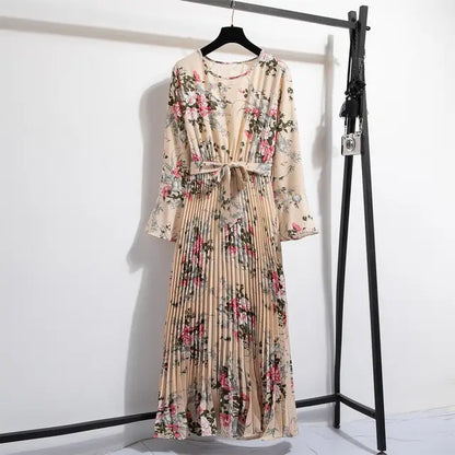 Lente Jurk met Bloemenprint Lange Chiffon Rok en Ceintuur