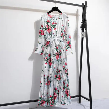 Lente Jurk met Bloemenprint Lange Chiffon Rok en Ceintuur