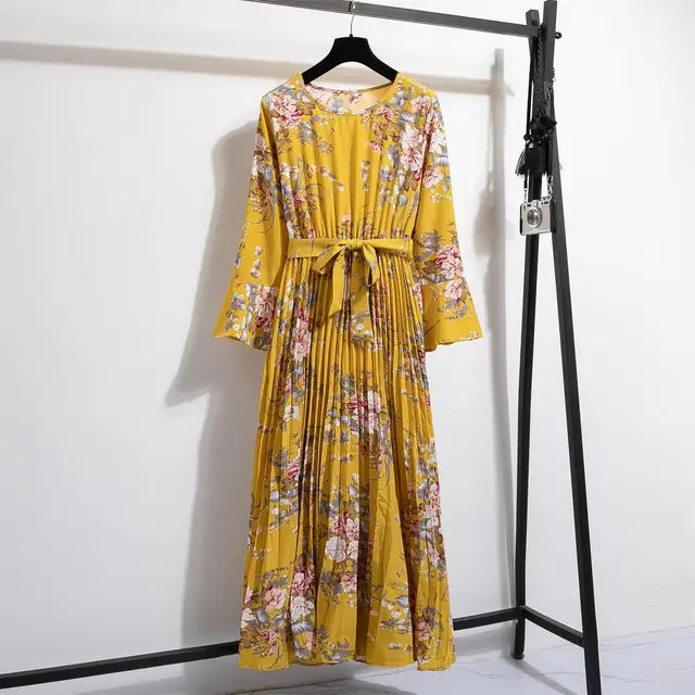 Lente Jurk met Bloemenprint Lange Chiffon Rok en Ceintuur