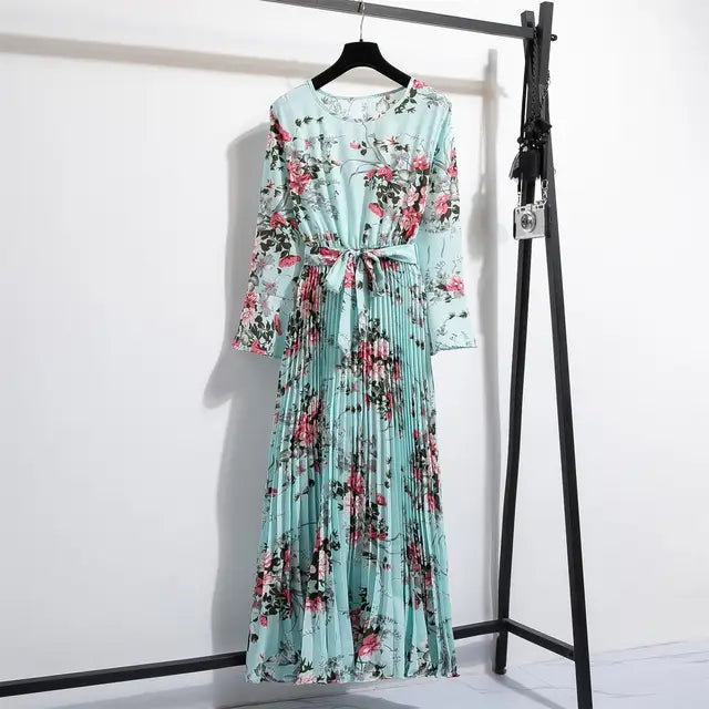 Lente Jurk met Bloemenprint Lange Chiffon Rok en Ceintuur - StudioMarella