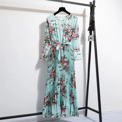 Lente Jurk met Bloemenprint Lange Chiffon Rok en Ceintuur - StudioMarella