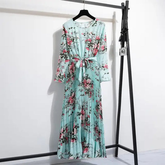 Lente Jurk met Bloemenprint Lange Chiffon Rok en Ceintuur - StudioMarella